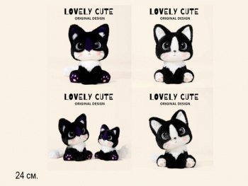 им Кошка арт. 209072 Черно-белая с розовыми следами сидит 24 см в пак.