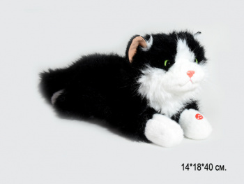 им Кошка арт. 209094 Пушистая черно-белая лежит мяукает 40 см в пак.