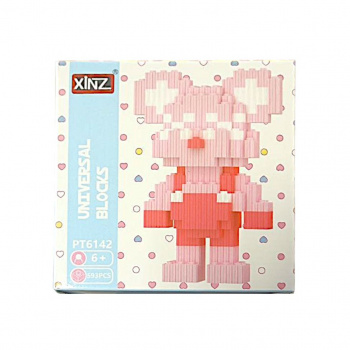 Конструктор арт. PT6142-805 Микро Медведь розовый в красном комбинизоне 593 дет. в кор.