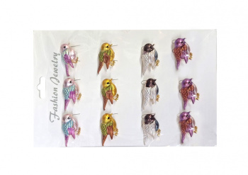 Брошь арт. 032627-4 Птица воробей металлик цвета микс Набор 12 шт. в пак.